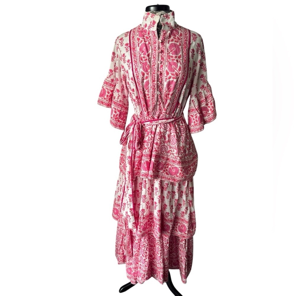 Sue Sartor Tiered Maxi Dress with Waist Tie Medium